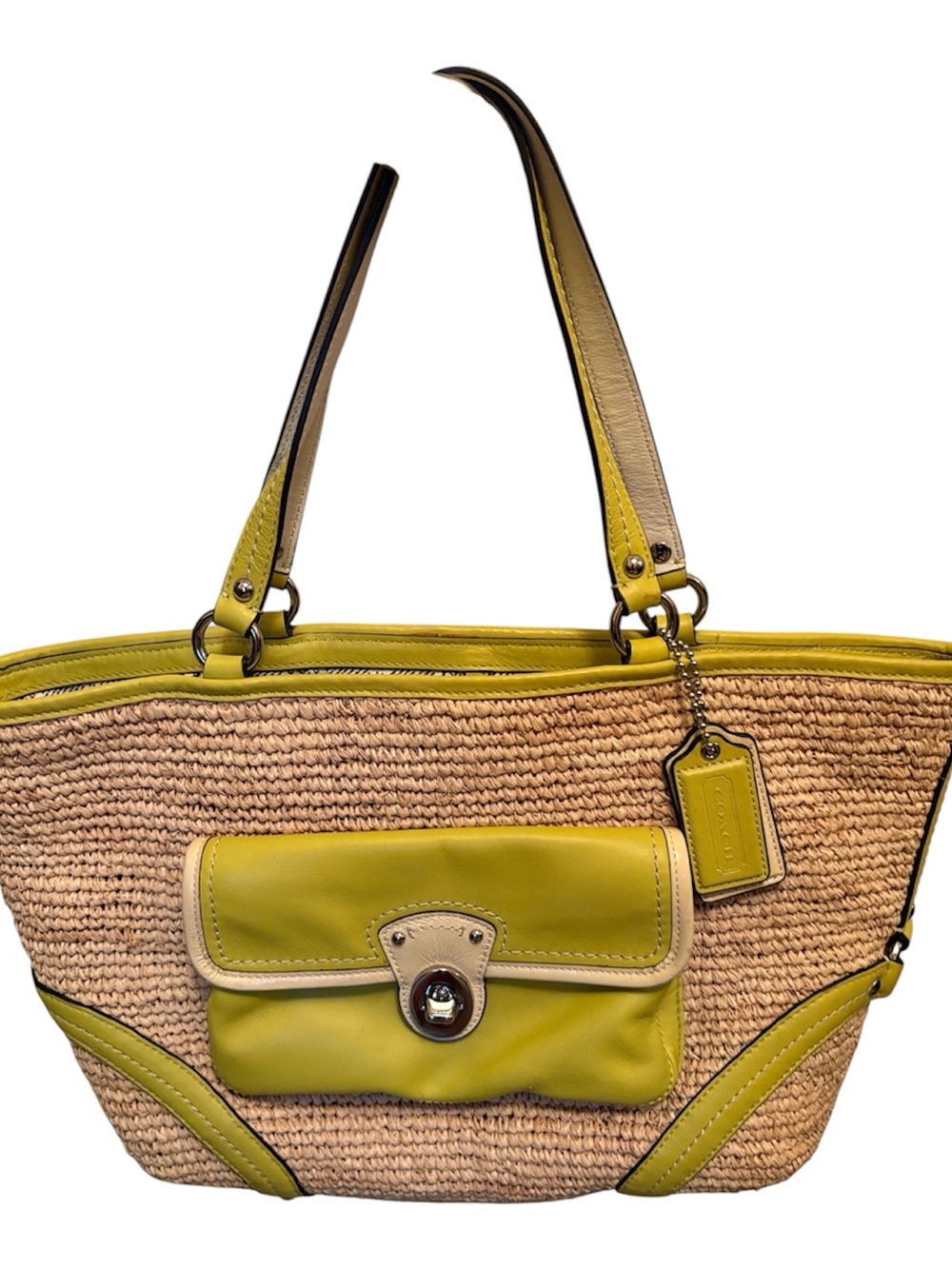Coach vintage y2k 22904 green leather and wicker Raffia Straw Turnlock Tote Bag